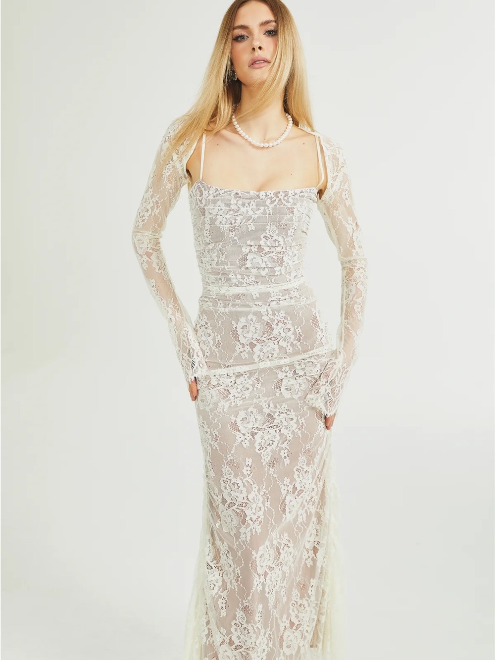 NWOT Lace Sheer Maxi Dress in Ivory - Elegant Women's Evening Gown - Picture 6 of 6